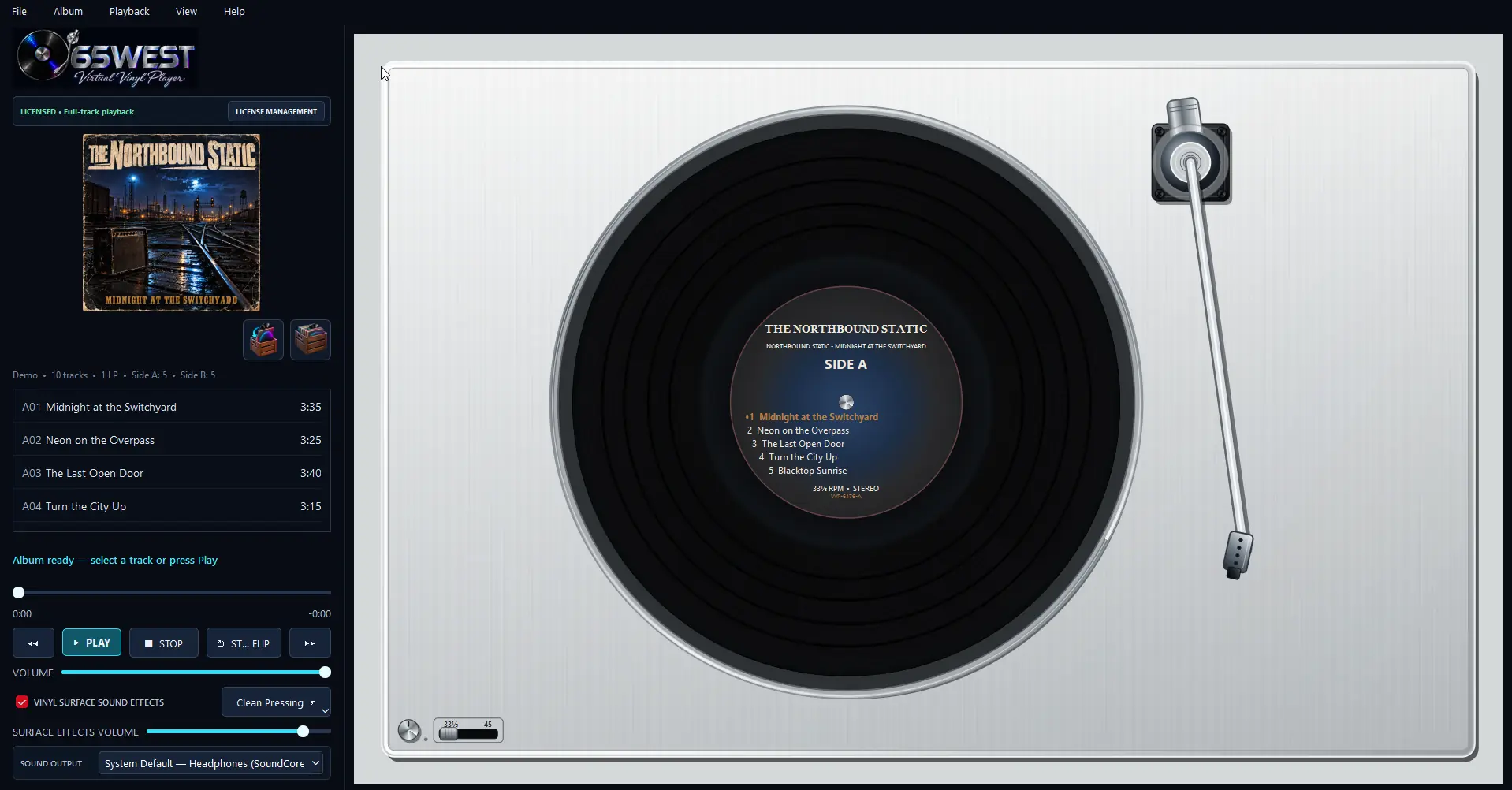 65West Virtual Vinyl Player with the fictional Midnight Signals demo album on its turntable