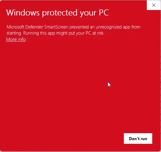 Example Microsoft Defender SmartScreen window showing the More info link